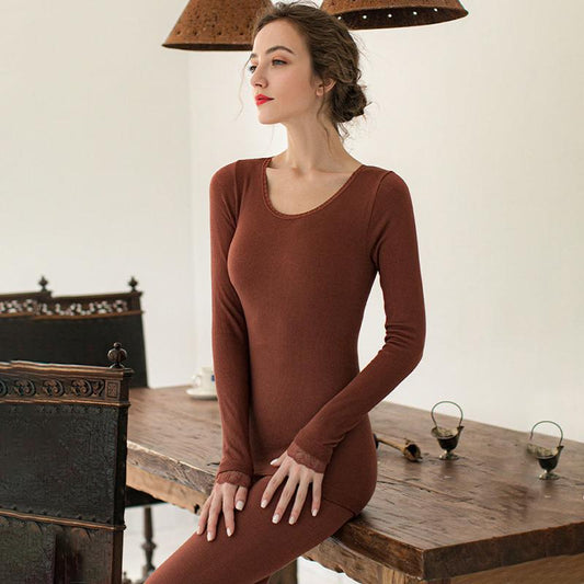 Women Winter Autumn Clothes Thermal Underwear Plus Size O-neck Tops Pants Female Tight Suit Thicken Windproof Soft Lining Long Sleeve High Elasticity