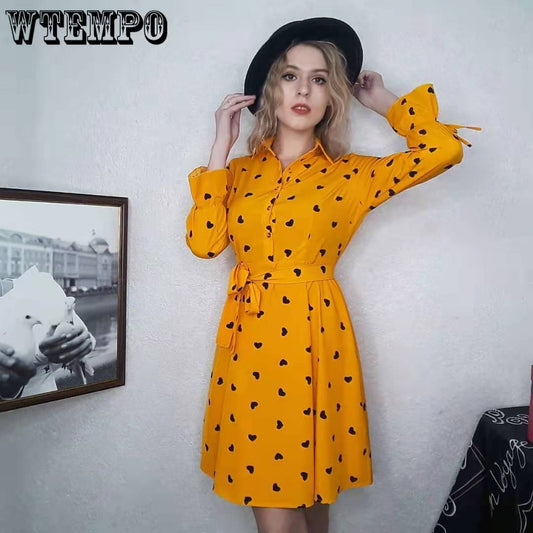Spring Autumn Women Heart Printed Long Sleeve Shirt Dress OL Style Knee-length A-line Dress Plus Size M-5XL