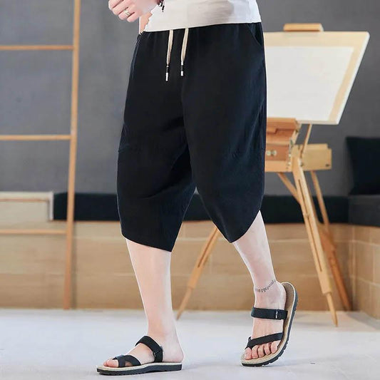 Men's Summer Breathable Cool Soft Sweat-absorbing Casual Shorts Loose Large Size Harem Wide Leg Solid Color Cropped Pants