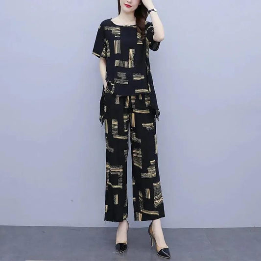 Black Printed Large Size Women's Summer Suit Casual Age-reducing Wide-leg Pants + Short-sleeved Round Neck Shirt Two-piece Set