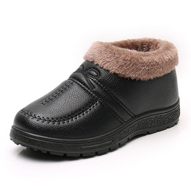 Winter Plus Velvet Warm Cotton Shoes Women's PU Waterproof Non-slip Mother Shoes Comfortable and Lightweight Flat Low-heel Snow Shoes
