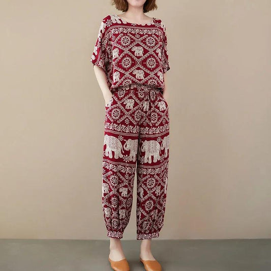 Women Summer Clothes Set Short Sleeve Ninth Pants Vintage Two Piece Set Floral Print Loose Top and Trousers Folk-custom Casual Comfortable Pajama Set