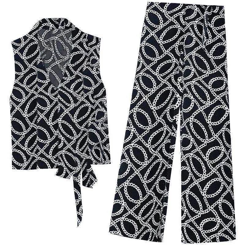 Women's Waist Suit Summer Cover The Flesh and Show Thin Sleeveless Temperament Shirt + Loose Wide-leg Pants Two-piece Set