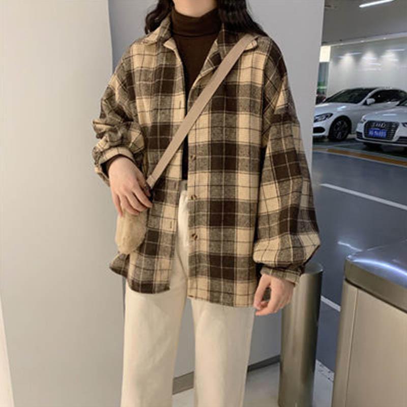 Spring and Autumn Plaid Shirt Women Loose Top Sanded Shirt Design Niche Retro All-match Jacket
