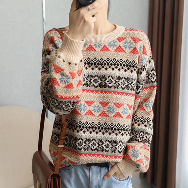 Round Neck Vintage Jacquard Woollen Sweater Women Loose Outer Wear/bottoming Knitted Pullover Top