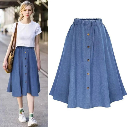 Woman Skirts Spring Summer Elastic High Waist A-line Denim Skirt Girl's Solid Color Loose Gothic Buttons Pockets Skirts
