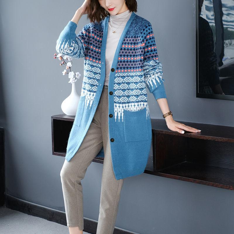 Spring and Autumn Knitted Cardigan Sweater Mid-length Loose Casual Sweater Fashion Jacquard Female Jacket