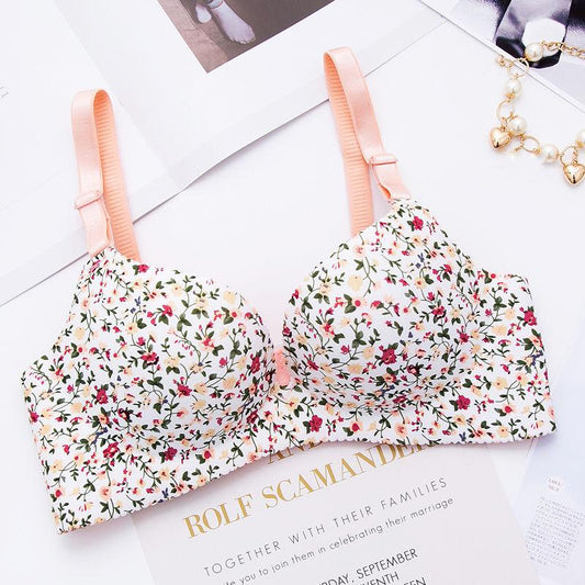 Non-marking Underwear Women's Suit Gathered No Steel Ring Thick and Thin One-piece Bra Girl's Breast Bra Floral Underwear