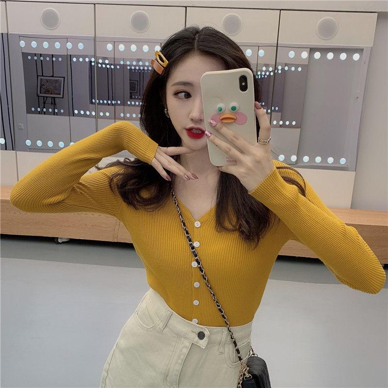 V-neck Solid Color Button Long-sleeved Knitted Bottoming Shirt Tops Women Spring and Autumn New Slim All-match Cardigan Casual Jacket