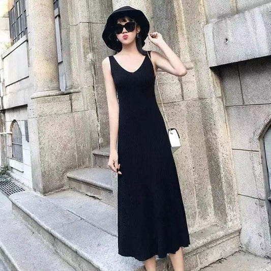 Suspender Knitted Dress Female Summer Slim Elegant Vest Long Ice Silk Slim Bottom Casual Dress