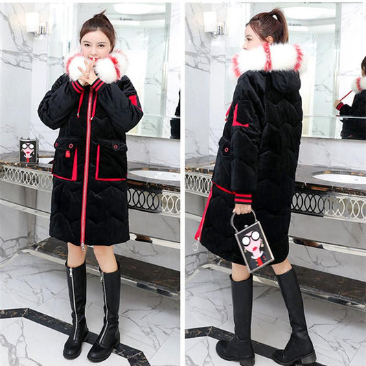 Winter Women's Padded Jacket Mid-length Thick and Loose Hit Color Cotton Coat Fashionable Gold Velvet Warmth Parka Coat