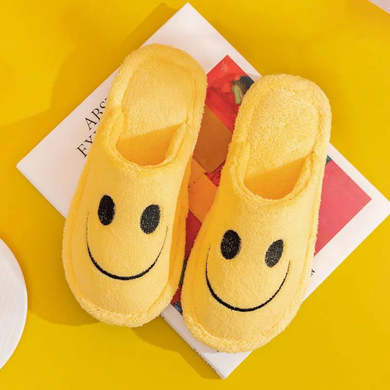 Women Slippers Cute Cartoon Smiley Face Non Slip Furry Slide Winter Thick Warm Men Slippers