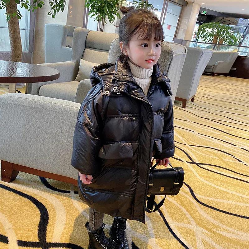 Girls' Warm Down Jacket Winter Long Thick White Duck Down Shiny Surface Disposable Coat
