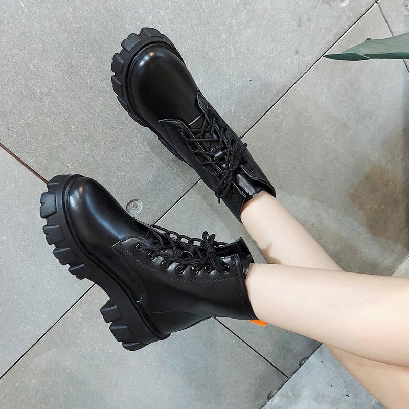 Women Winter Boots Motorcycle Ankle Boots Lace Up Shoes Woman Black PU Leather Zipper Martin Bootie