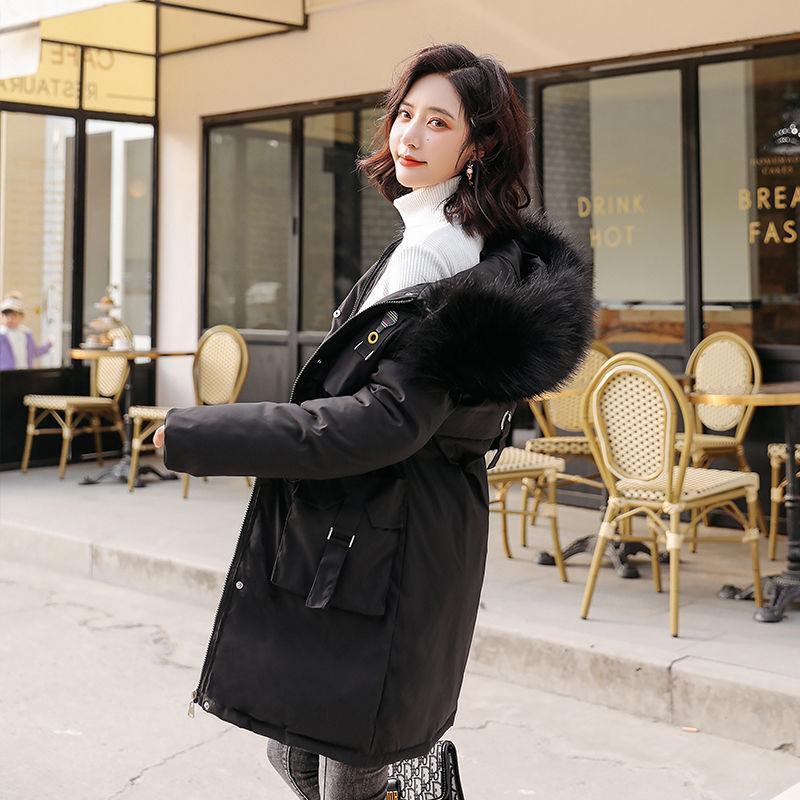 Solid Cotton Liner Parker Down Parkas New Long Hooded Winter Jacket Women Adjustable Waist Warm Fur Collar Coat