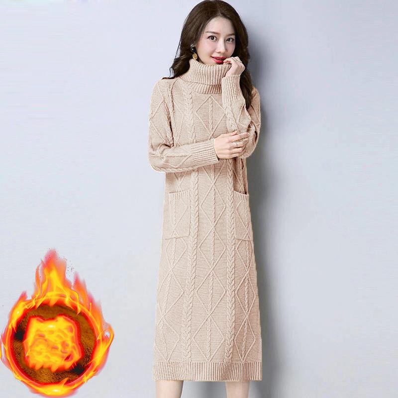 Large Size Plus Velvet Thickened Long Sweater Women Long Dress High Neck Loose Autumn and Winter Sweater Dress
