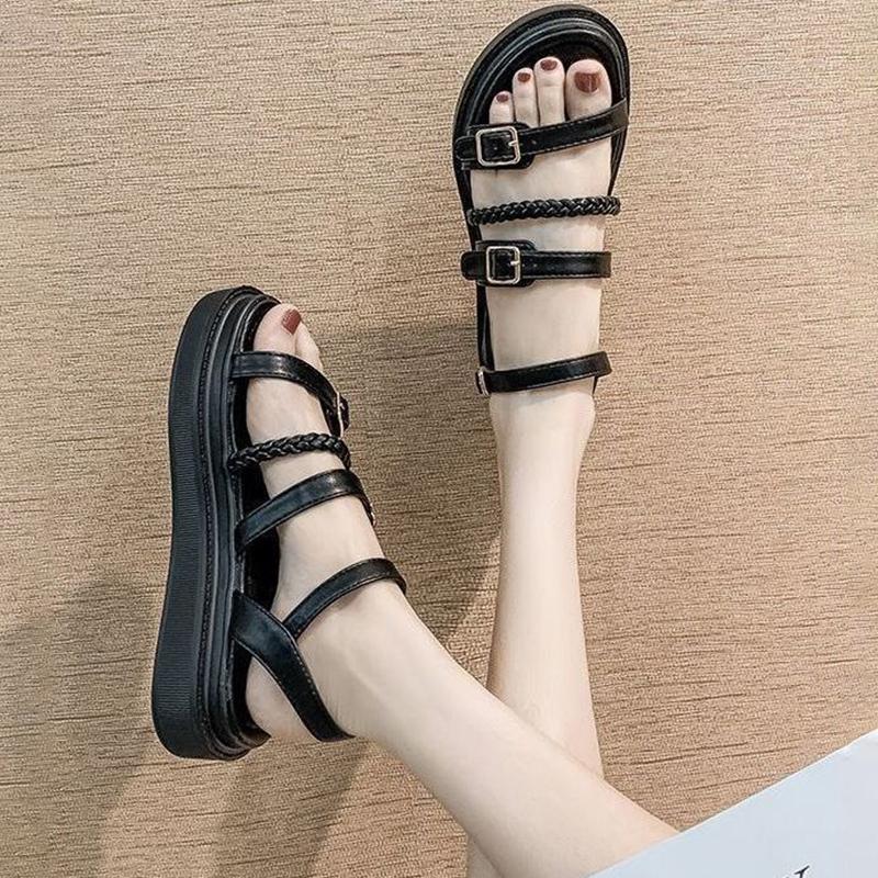 Thick-soled Sandals Women's Summer All-match Flat-bottomed Roman Shoes with A Word Buckle Simple Non-slip Thick-soled Sandals