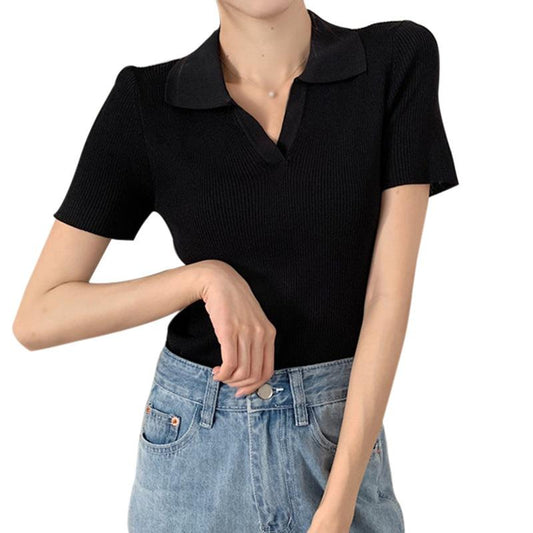 Summer V-neck Short-sleeved Knitted Sweater Women's Korean Version Slim Fit and Thin All-match French Girl Retro Hong Kong Style Short Top