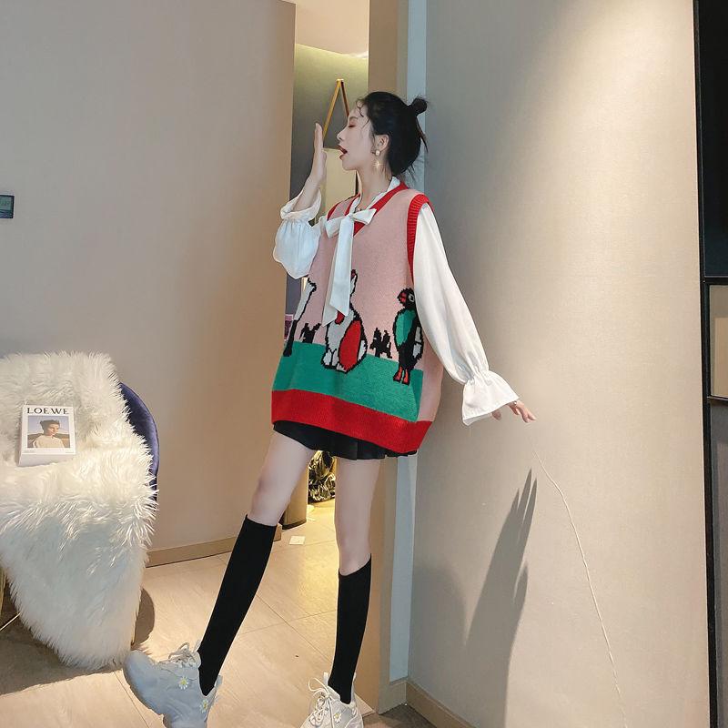 Loose Sleeveless Splicing Color Sweater Spring and Autumn Slim Pullover Vest Red V-neck Fashion Bottoming Shirt