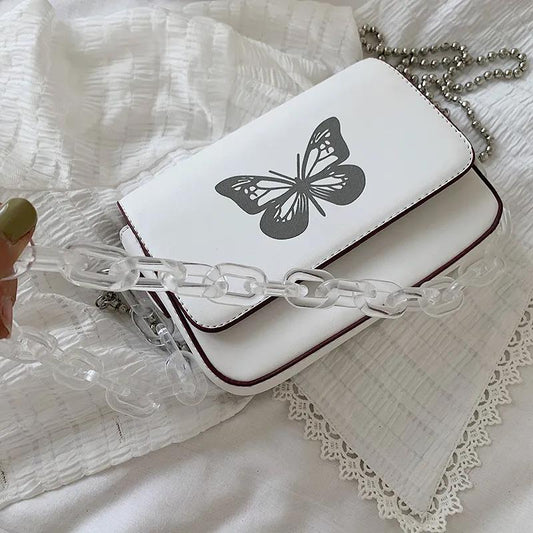 Butterfly Print Chain Shoulder Bags Casual Female Crossbody Bags Portable PU Leather Multi-Layer Transparent Chain Handbag
