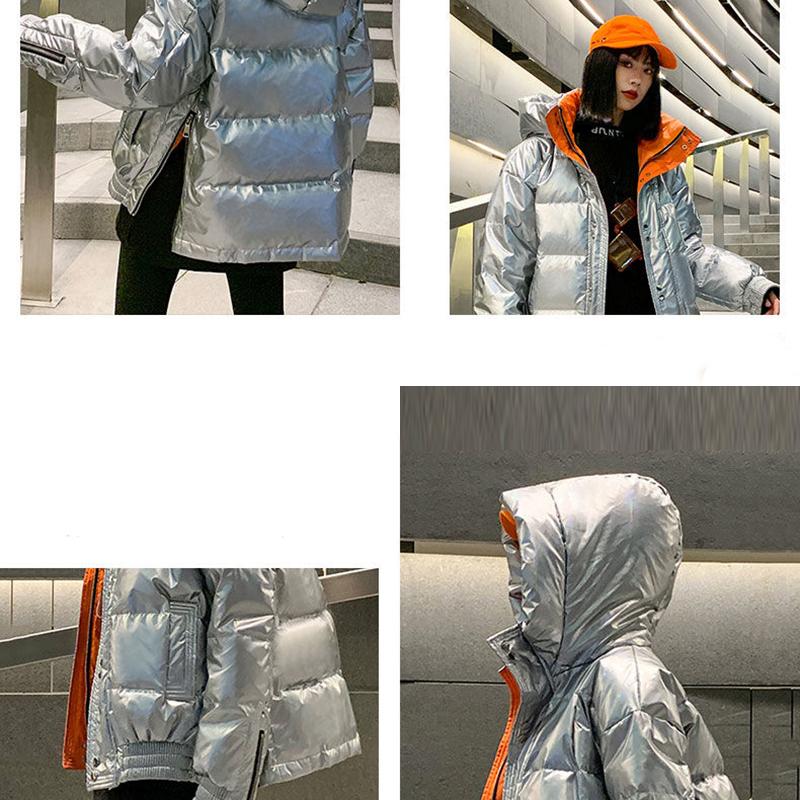 Women's Bright Print Short Down Jacket Winter Korean Loose Quilted Jacket Casual Stand-up Collar Hooded Down Jacket Quilted Jacket