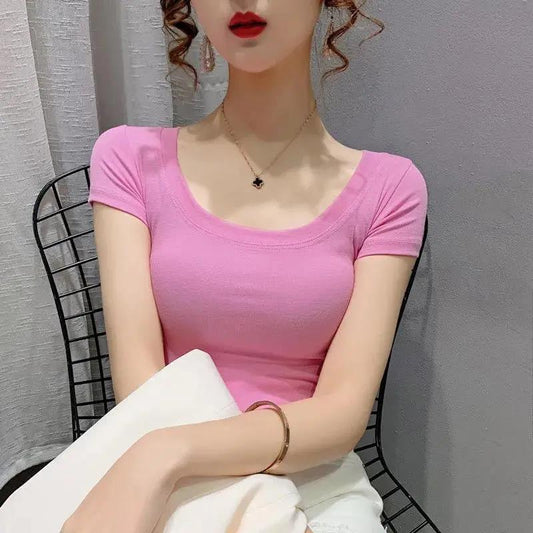 Women Summer U-neck Short Sleeve T-shirt Female Tight Bottoming Shirt Big Neckline Solid Color Low Neckline Close Fitting Tops