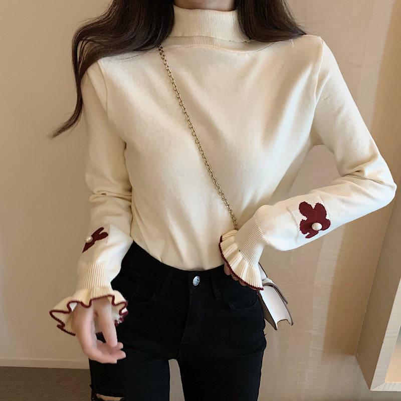 PofuLove Knitted Top Winter Pullover Turtleneck Sweater Coat Floral Embroidered Sweater