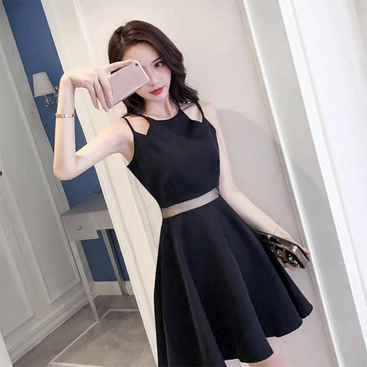 Fashion Open Back Halter Strap Dress Slim Sexy Hollow-out Waist Sleeveless Pleated Dress Club