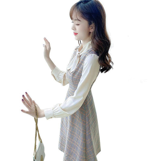 Women's Spring Dress Simple and Elegant Slim Bow Fake Two Plaid Stripe Long Sleeve Casual Dress