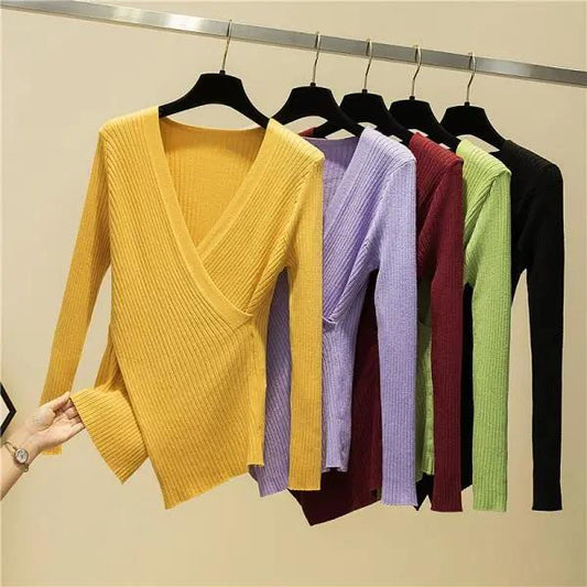 Irregular V-Neck Long Sleeve Pullover Knitted Sweater Women Winter Sweaters Chic Knitwear Korean Style Woman Clothes Fall