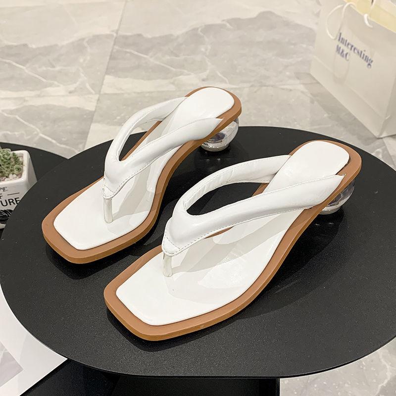 Square-toed Sandals and Slippers Women's Summer Outer Wear Transparent Crystal Medium Thick-heeled Flip-flops Ladies Temperament Sandals and Slippers