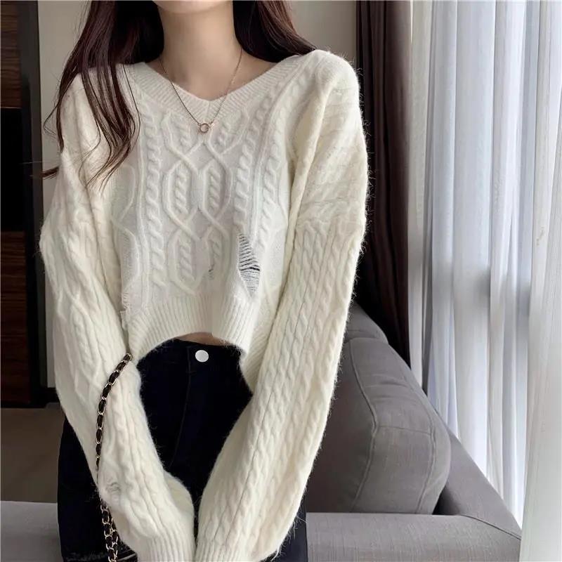 Women's Purple Twist Sweater V-neck Long Sleeve Top Fall and Winter Outer Wear Short Primer Stitch Hole Loose Loose Pullover Lazy Knit Sweater Top