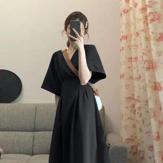 Female Summer Simple and Elegant Dress Slim High Waist V-neck Party Graceful Dress