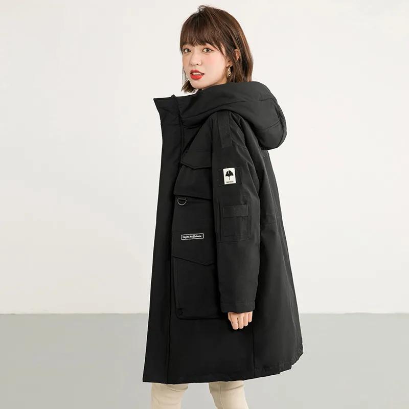 Down Jacket Women's Mid-length High-end Tooling Large Pockets Loose Thickened Coat Winter Warm Drop-shoulder Cotton Clothes Casual Outdoor Jacket