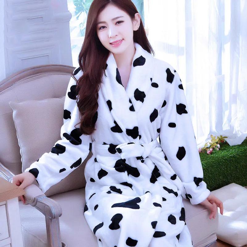 Women's Autumn Winter Thickened Coral Fleece Nightgown Robe Long Sleeves Flannel Bathrobe Plus Fleece Nightgown Large Size Bathrobe Sleeping Suit