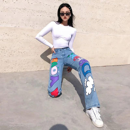 European and American Street Color Printing Straight Jeans Women's High Waist Slim Fit and Thin Personality Casual All-match Casual Pants Women