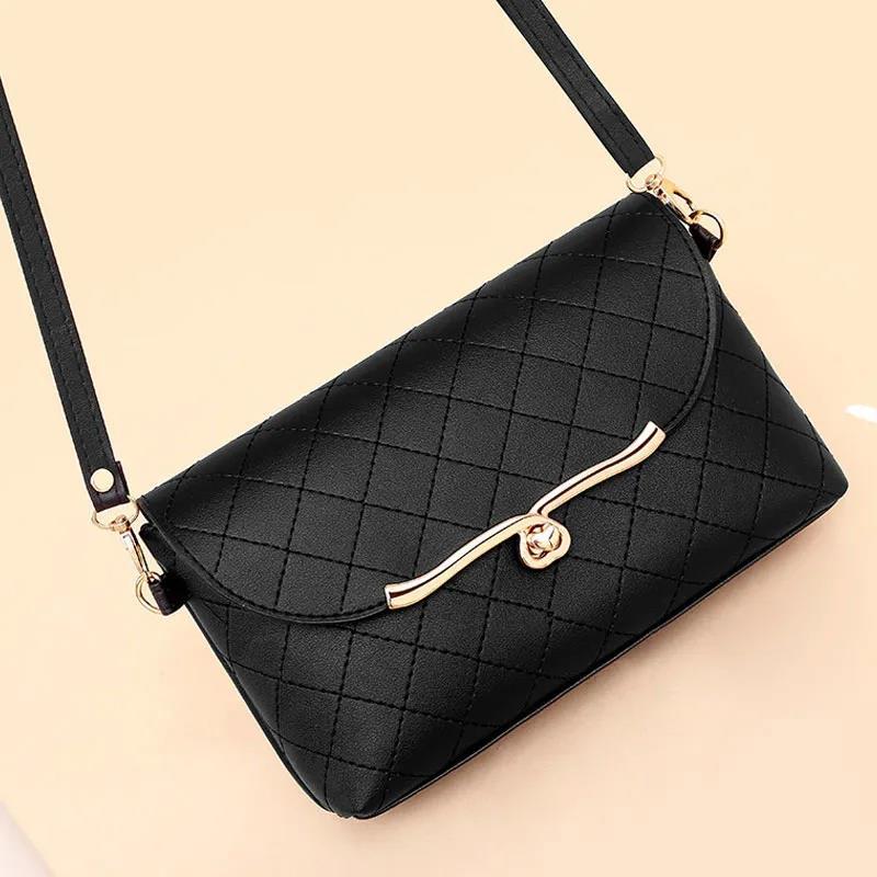 Black Check Leather Crossbody Multi-Layer Large Capacity Bag Women Casual Portable
