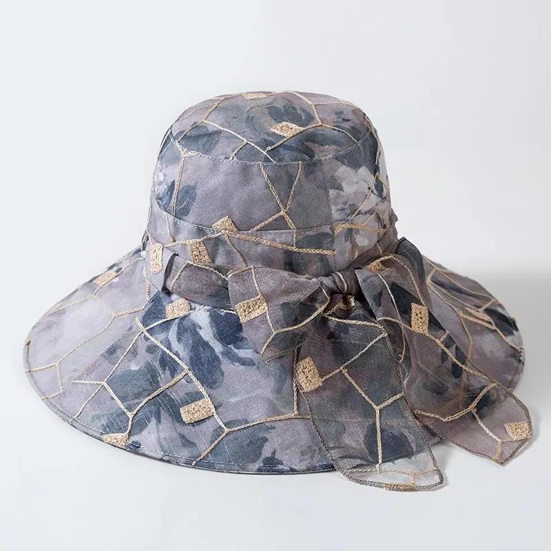 Big Brim Beach Cotton Linen Sun Hat Bow Flower for Women Summer Sunscreen Sun Hat Middle-aged Elderly Mother Cool Hat Outdoor Foldable Fisherman Hat