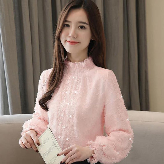 Lace Bottoming Shirt Autumn and Winter Fashion Trend Chiffon Shirt Flocking Blouse