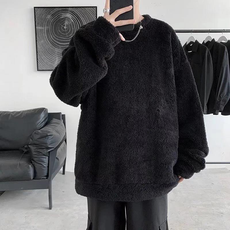 Winter Lamb Velvet Sweater Men's Round Neck Loose Plus Velvet Thick Warm Top
