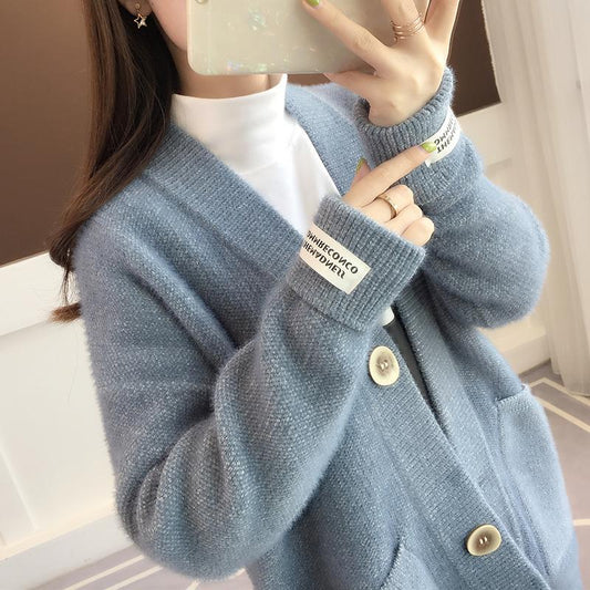 Imitation Mink Women's Sweater Coat Autumn and Winter Korean Loose Mid-length Thick Knitted Cardigan Top