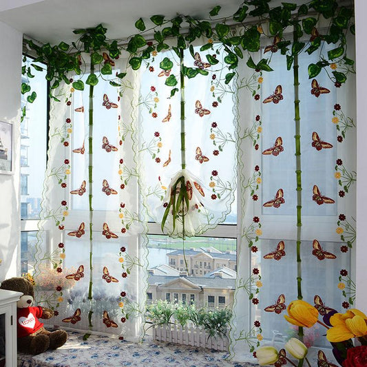 Romantic Butterfly Floral Voile Tulle Curtains Draw String Door Window Curtain Balcony Panel Sheer Curtains