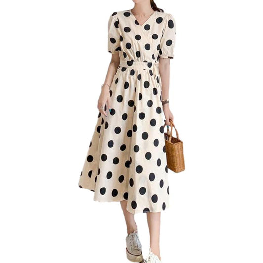 Female Plus Size Elegant Holiday Dress Slim V-neck Wave Point Print Bubble Sleeve Big Swing Long Dress