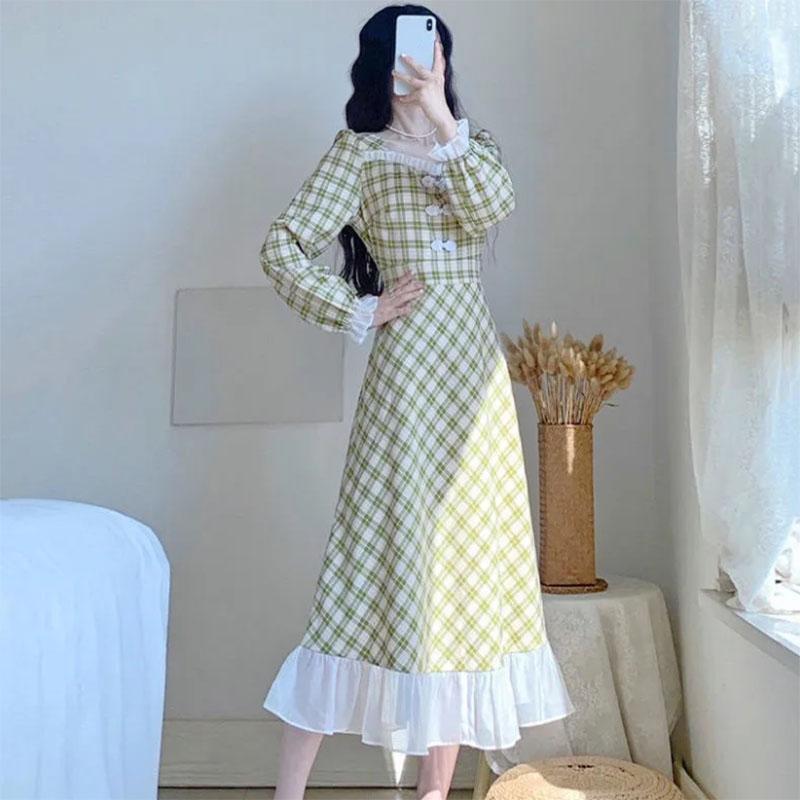 Mint Green Plaid Skirt Skirt Waist Slim French Retro Gentle Fairy Temperament Age-reducing Dress