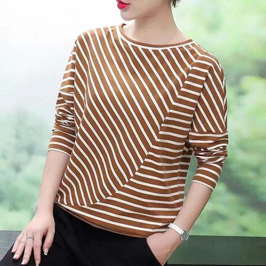 Women's Spring and Autumn Large Size T-shirt Loose Bottoming Shirt Round Neck Striped Long Sleeve All-match Top