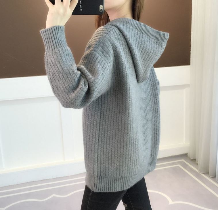 Women's Winter Solid Color Hooded Pullover Sweater Lazy Wind Loose Large Size Mid Length Knit Sweater