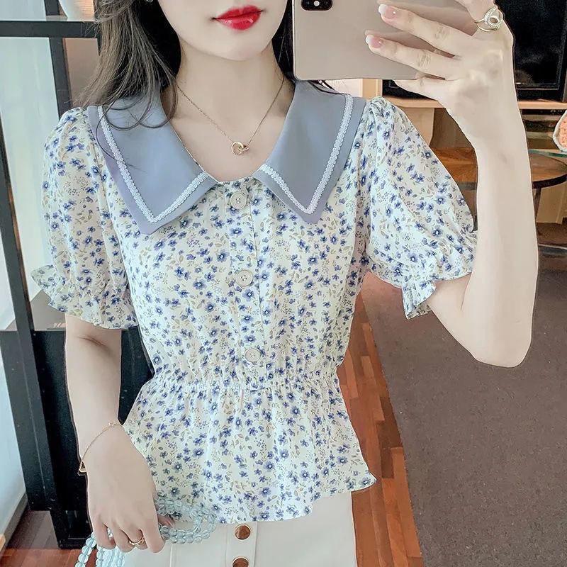 Contrast Color Doll Collar Short-sleeved Floral Shirt Women's Summer Dress Waist Short Shirt Top Trendy