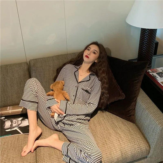 Striped Pajamas Set Two-piece Set Ladies Spring Autumn Long-sleeves Cardigan Shirt Pants Loose Casual Outerwear Home Wear Suit