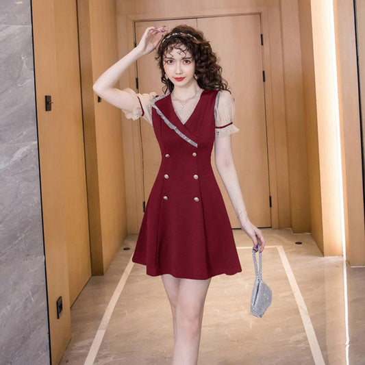 Women's Summer Dress Slim Solid Color V-neck A-line Skirt