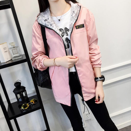 Women Spring Autumn Coat Female New Loose Wild Long-sleeved Hooded Student Windbreaker Jacket